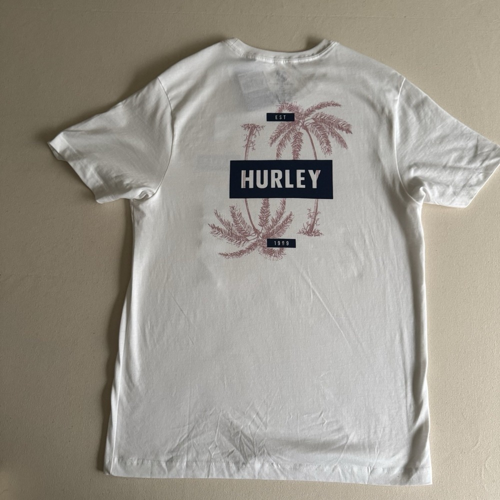 NWT Men's White Hurley Size Medium Palm Tree T-Shirt Graphics On Front & Back - Picture 5 of 9